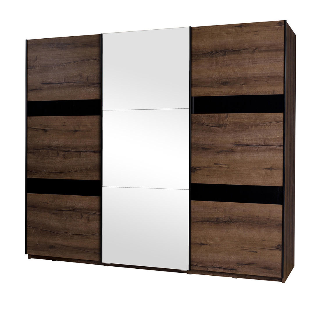 SCHWEBETÜRENSCHRANK Devon 3 Türen mit Spiegel und Schubladen, Eiche monastery - Eichefarben/Schwarz, Holzwerkstoff/Metall (250/215/68.5cm) - Beautysofa