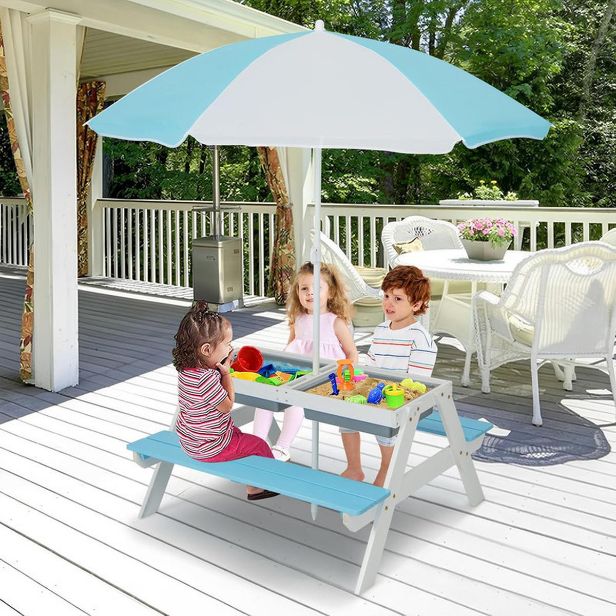 KINDERTISCH mit Sonnenschirm blau - Blau, Holz - COSTWAY