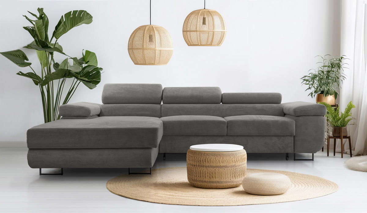 ECKSOFA L Form Arborio Dunkelgrau 280/203/90 cm Links mit Schlaffunktion - Dunkelgrau/Schwarz, Textil/Metall (203/280cm) - AX Living