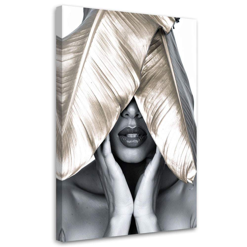 LEINWANDBILD Frau und goldene Blätter auf dem Kopf 80x120cm - Grau, Textil (80/120cm) - Feeby