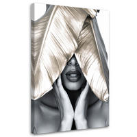 LEINWANDBILD Frau und goldene Blätter auf dem Kopf 80x120cm - Grau, Textil (80/120cm) - Feeby