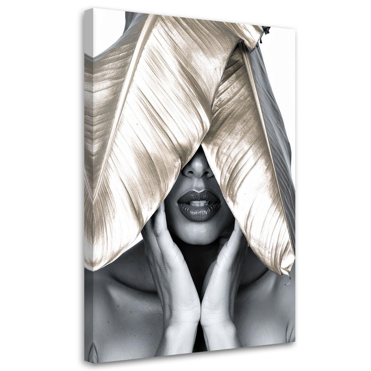 LEINWANDBILD Frau und goldene Blätter auf dem Kopf 80x120cm - Grau, Textil (80/120cm) - Feeby