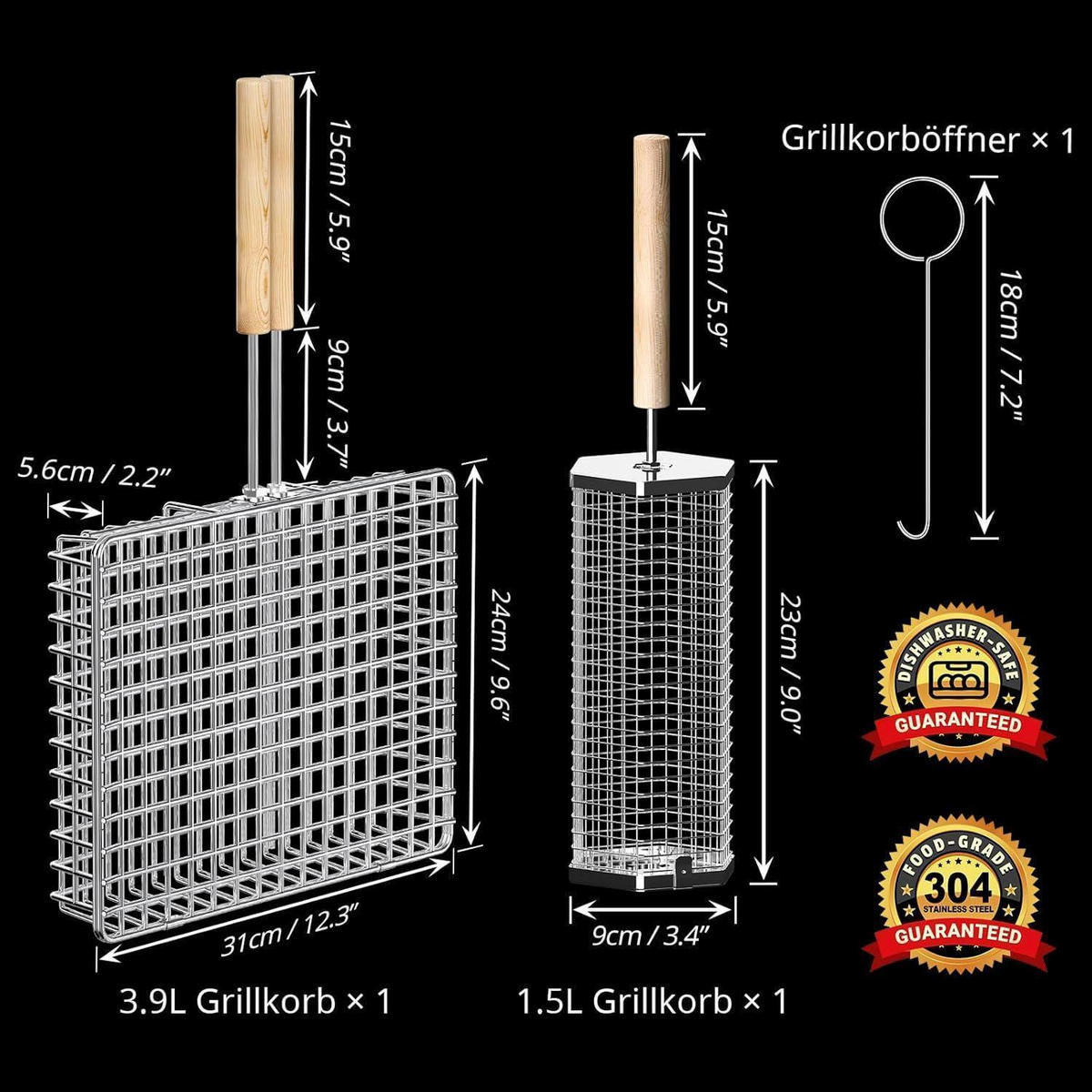GRILLKORB Set 2-teilig Edelstahl mit Holzgriff - Silberfarben, Metall (24/15/31cm)