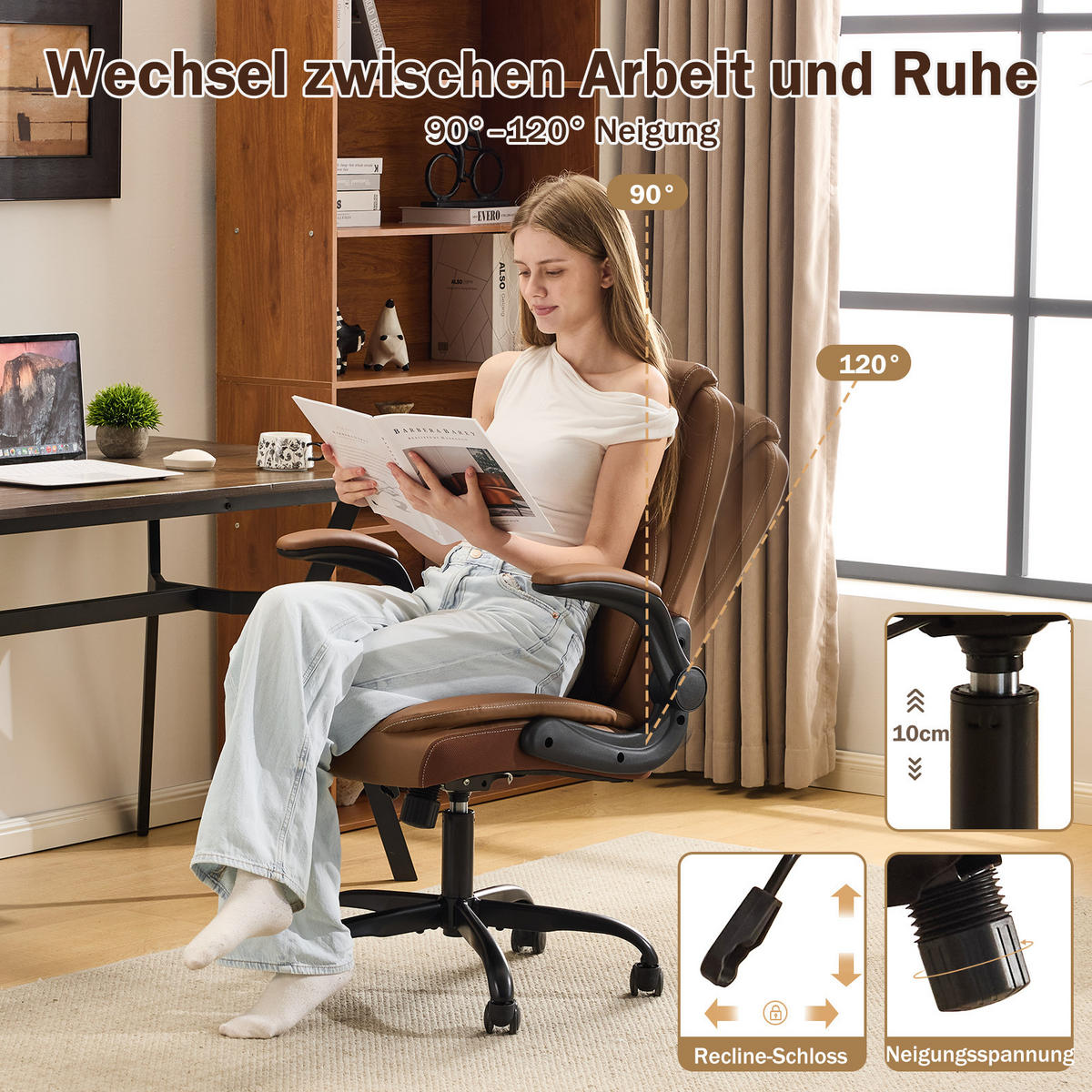 CHEFSESSEL DE-41049 mit Flip-up-Armlehnen und Lendenstütze Braun - Braun, Metall (64/102/64cm) - ComfortXL