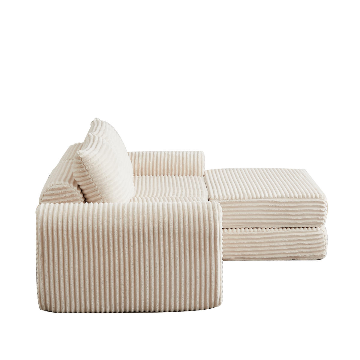 SCHLAFSOFA 2-in-1 aus Cord mit 2 Kissen und Hocker - Beige, Textil (194/53/243cm)