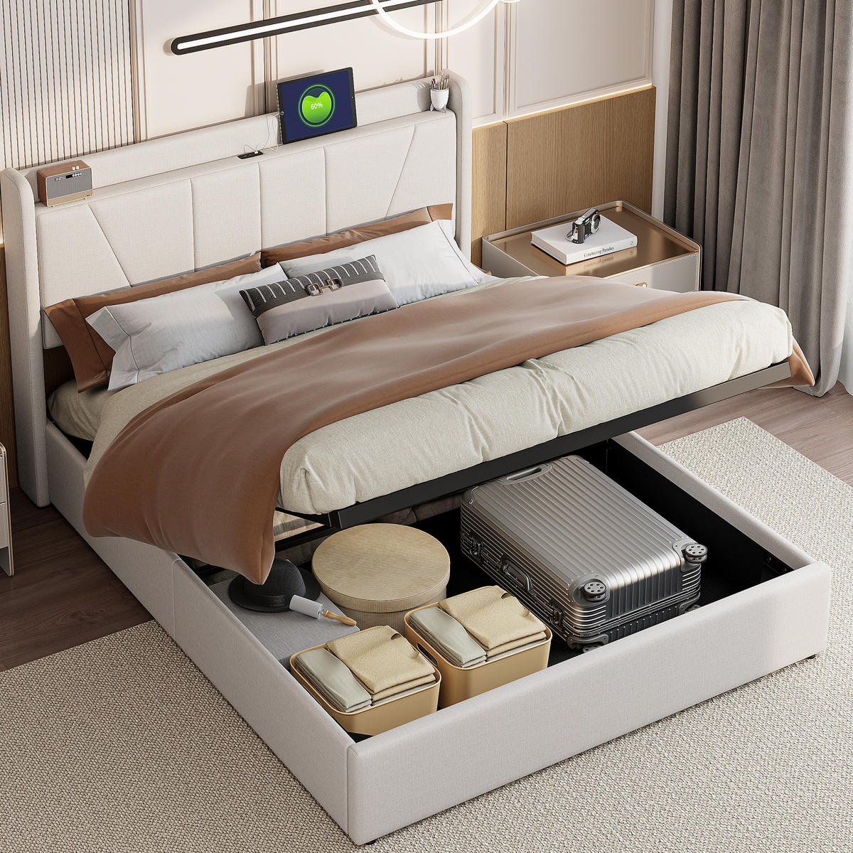 POLSTERBETT 140x200 cm mit hydraulischem Stauraum, 2 USB & 1 Typ-C Anschluss, Leinenstoff in Beige - Beige, Holz (140/200cm) - BRILVERDE