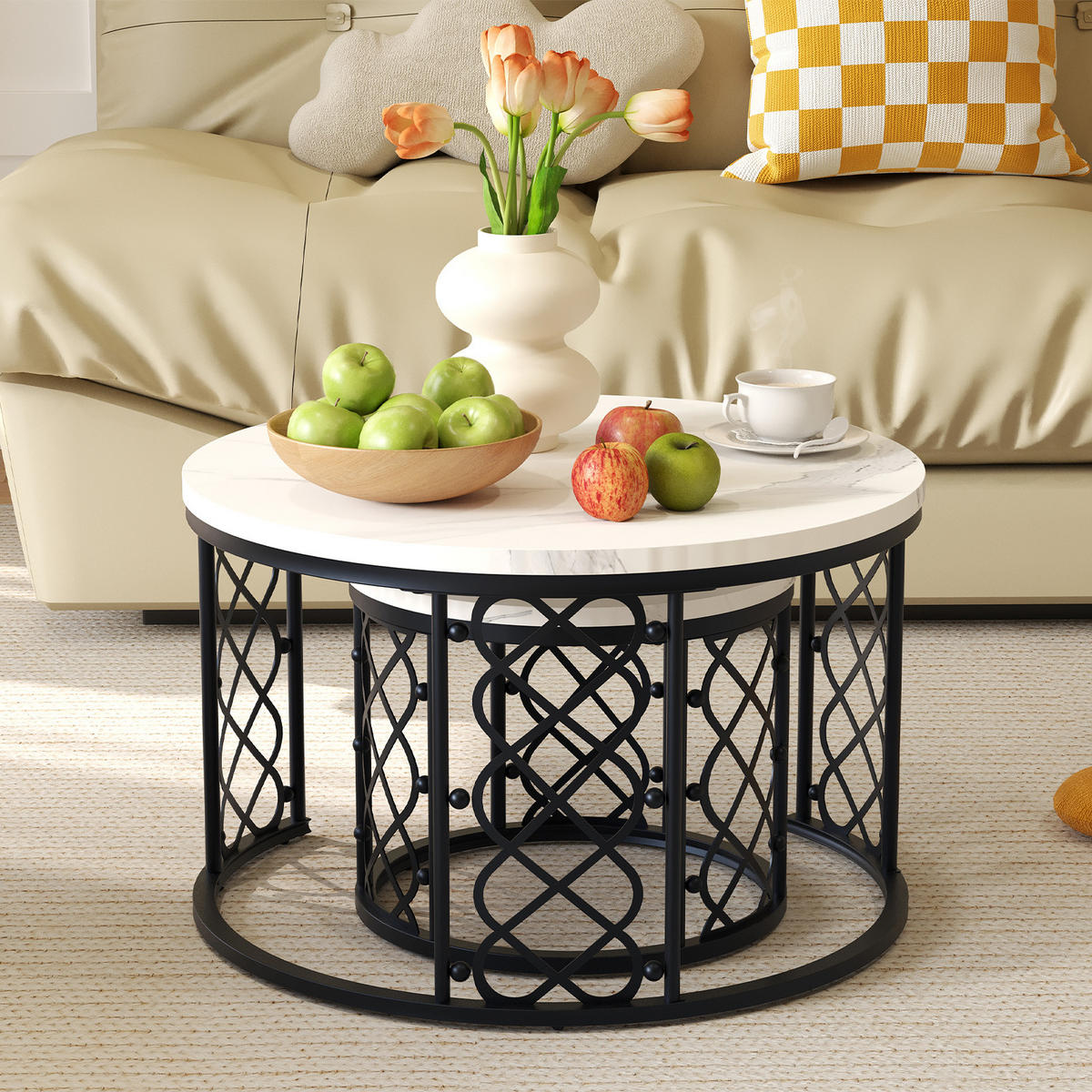 COUCHTISCH in Weiß/Schwarz Hitzebeständiger Wohnzimmertisch mit Marmor-Optik Platte Sofatisch mit Metallgestell - Schwarz, Holzwerkstoff/Metall (70/70/45cm) - STILVORA