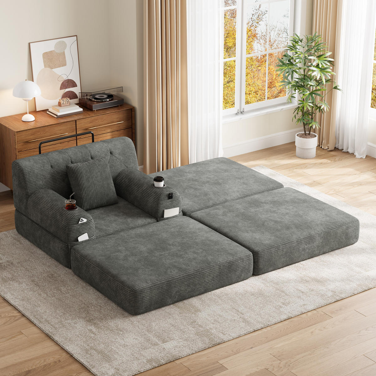 SCHLAFSOFA mit Hocker und Liegefunktion aus Cord in Dunkelgrau - Dunkelgrau, Textil (191/60/162cm) - EVRYAE
