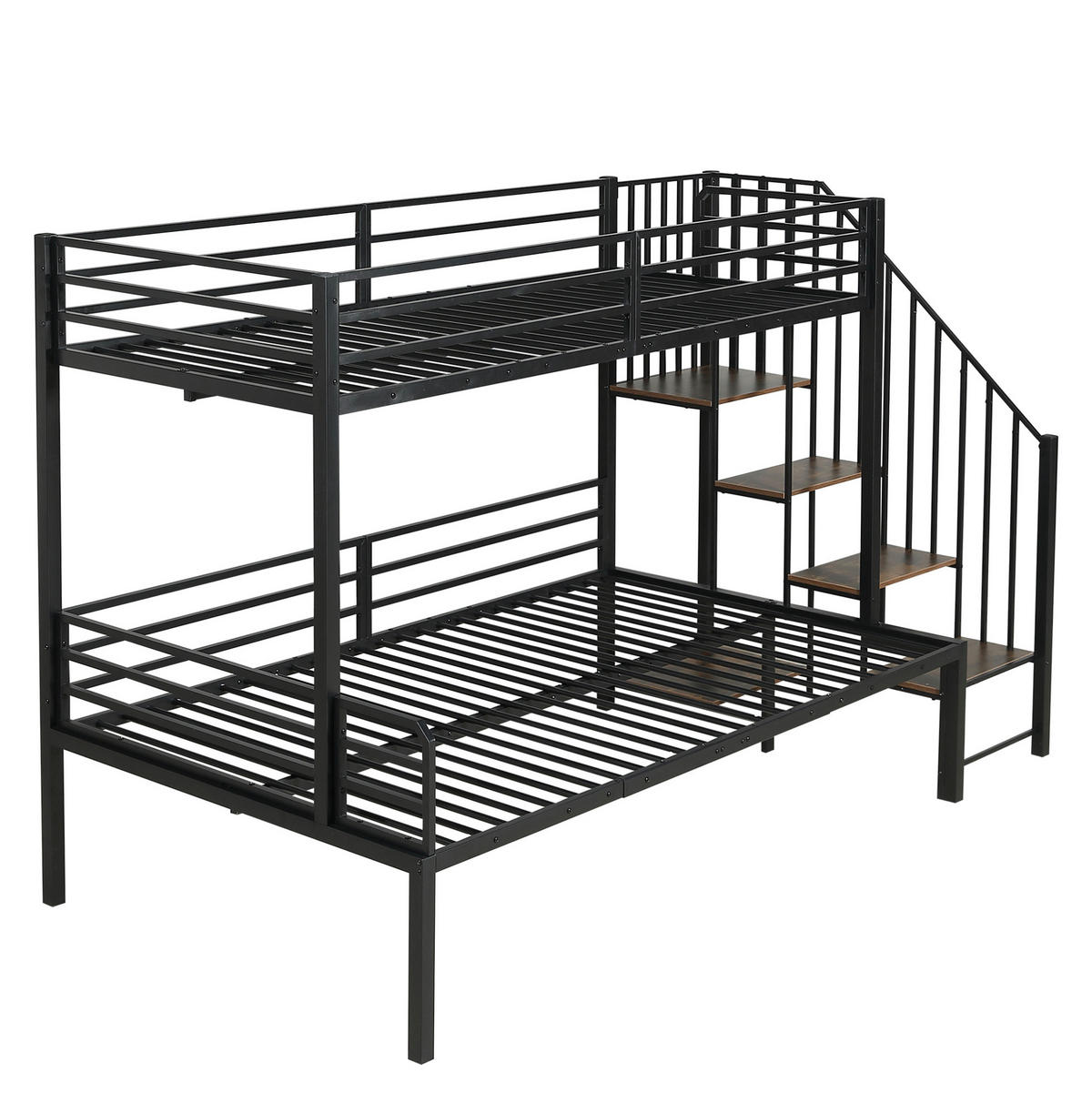 ETAGENBETT aus Metall und MDF 90/120x200 cm Schwarz/Vintage-Holzfarbe mit Eckleiter, Stauraum und Sicherheitsgittern - Schwarz, Holzwerkstoff (90/200cm) - Modfu