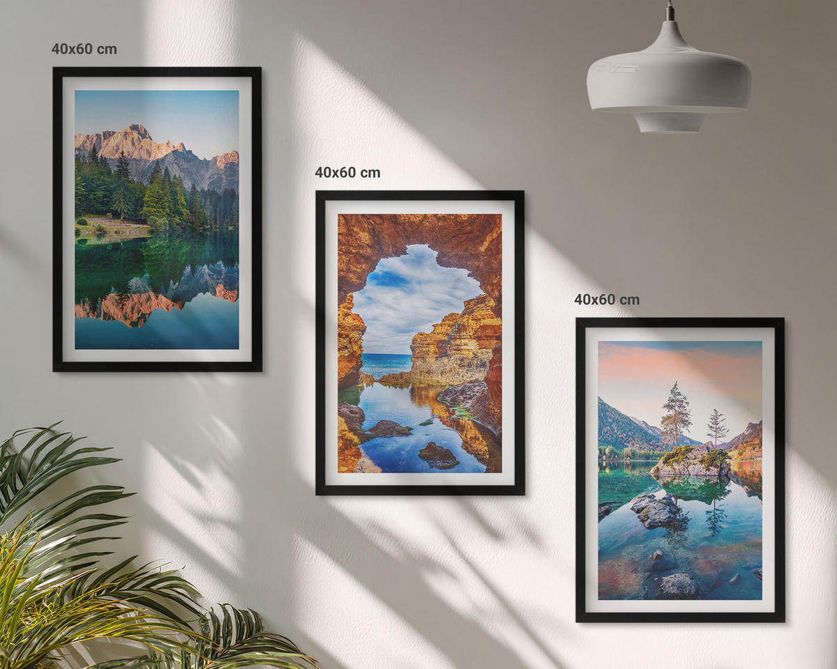 WANDBILDER 3er-Set - 40x60 cm Schwarzer Rahmen - Spiegelungen der Felsen in Bergseen - Schwarz, Kunststoff (40/60cm) - ArtPrintCave