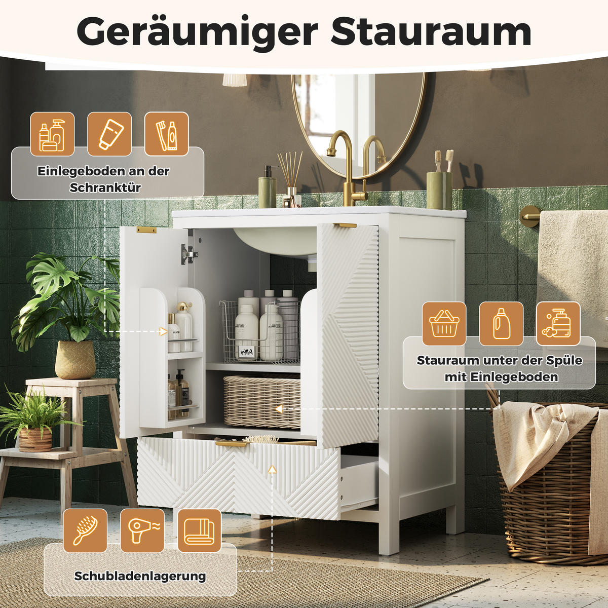BAD-WASCHTISCHUNTERSCHRANK Weiß mit Keramikbecken - Weiß, Holzwerkstoff (61/87/47cm) - Urban Meuble