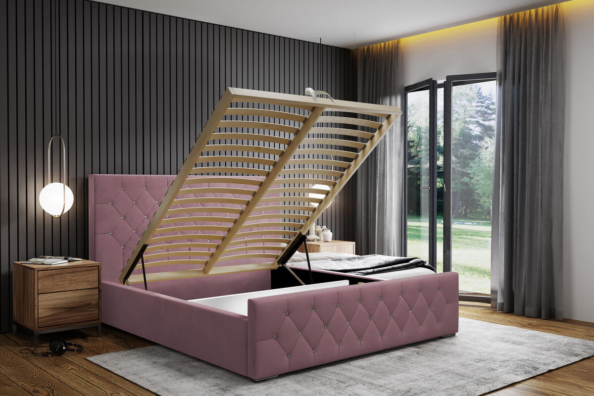POLSTERBETT Langlebiges Polsterbett Mona I, modernes Design, geräumiger Bettkasten, pflegeleichter Stoff 140x200 cm, rosa - Schwarz/Rosa, Holzwerkstoff/Kunststoff (140/200cm) - DomoHome