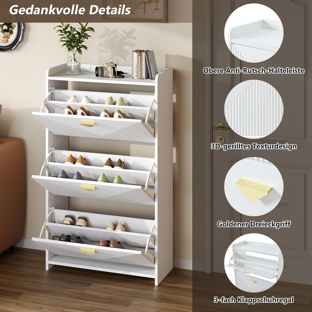 SCHUHSCHRANK 70/30/120 cm mit 3 Klapptüren, verstellbaren Fächern und MDF-Korpus, Weiß - Weiß, Holzwerkstoff (70/120/30cm) - Redom