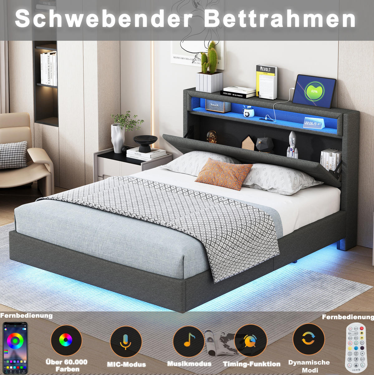 BETT mit USB, LED und Stauraum 140x200 cm Stoff Grau - Grau, Metall (140/200cm) - Meubliv
