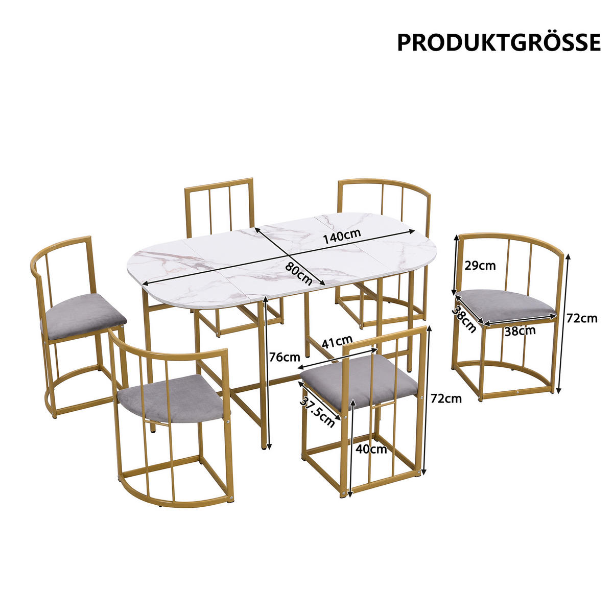ESSGRUPPE Esstisch 6 Stühle Weiß Grau Gold - Goldfarben, Holzwerkstoff (140/76/80cm) - FLIEKS