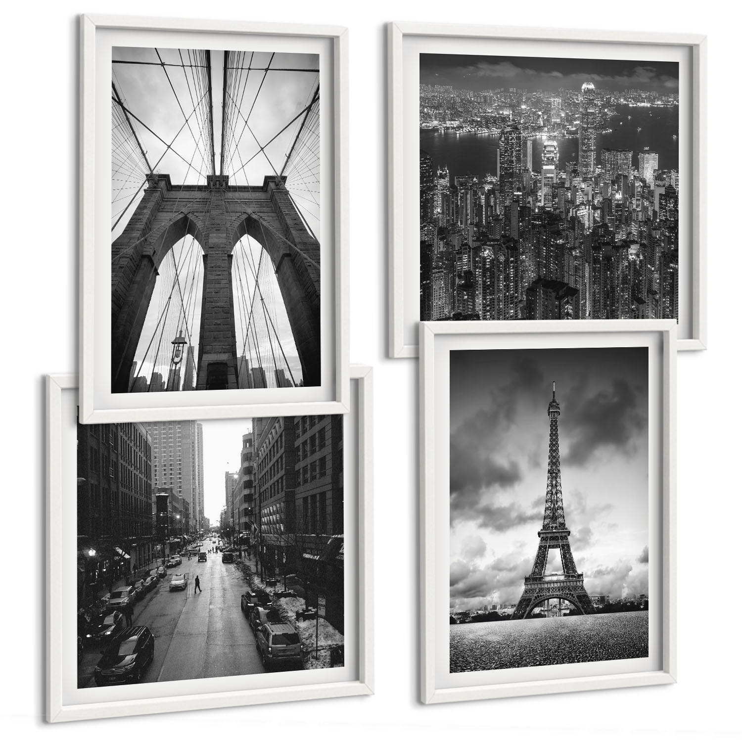 BILDER SET 4er Set - 50x50 cm & 40x60 cm Weißer Rahmen - Monochromatische Brückentürme - Weiß, Kunststoff (50/50cm) - TULUP