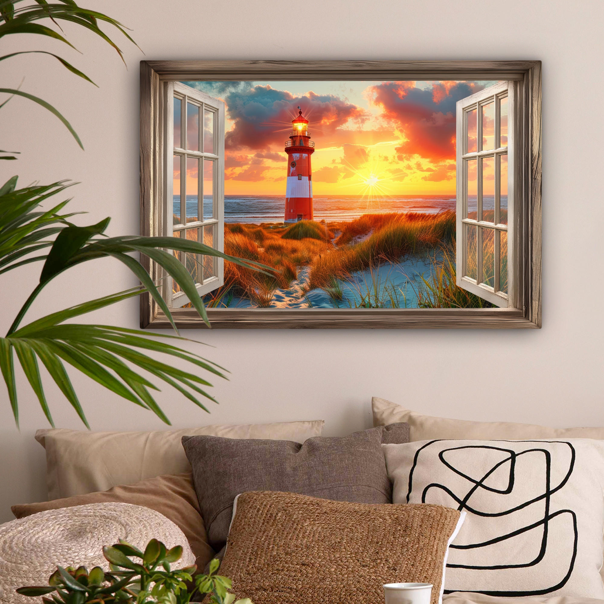 LEINWANDBILD Aussicht - Fenster - Leuchtturm - Sonnenuntergang - Strand Wanddeko 90x60 cm - Dunkelorange, Textil (90/60cm) - MuchoWow