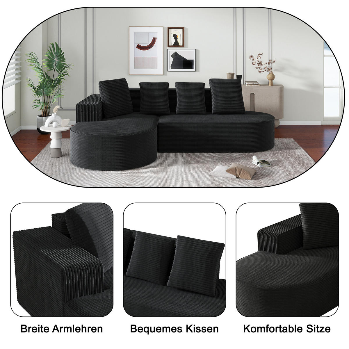 MODULARES Ecksofa Cord Sitzhöhe 40,5 cm mit tiefem Sitz 265/165/67 cm Schwarz - Schwarz, Textil (165/265cm) - Redom