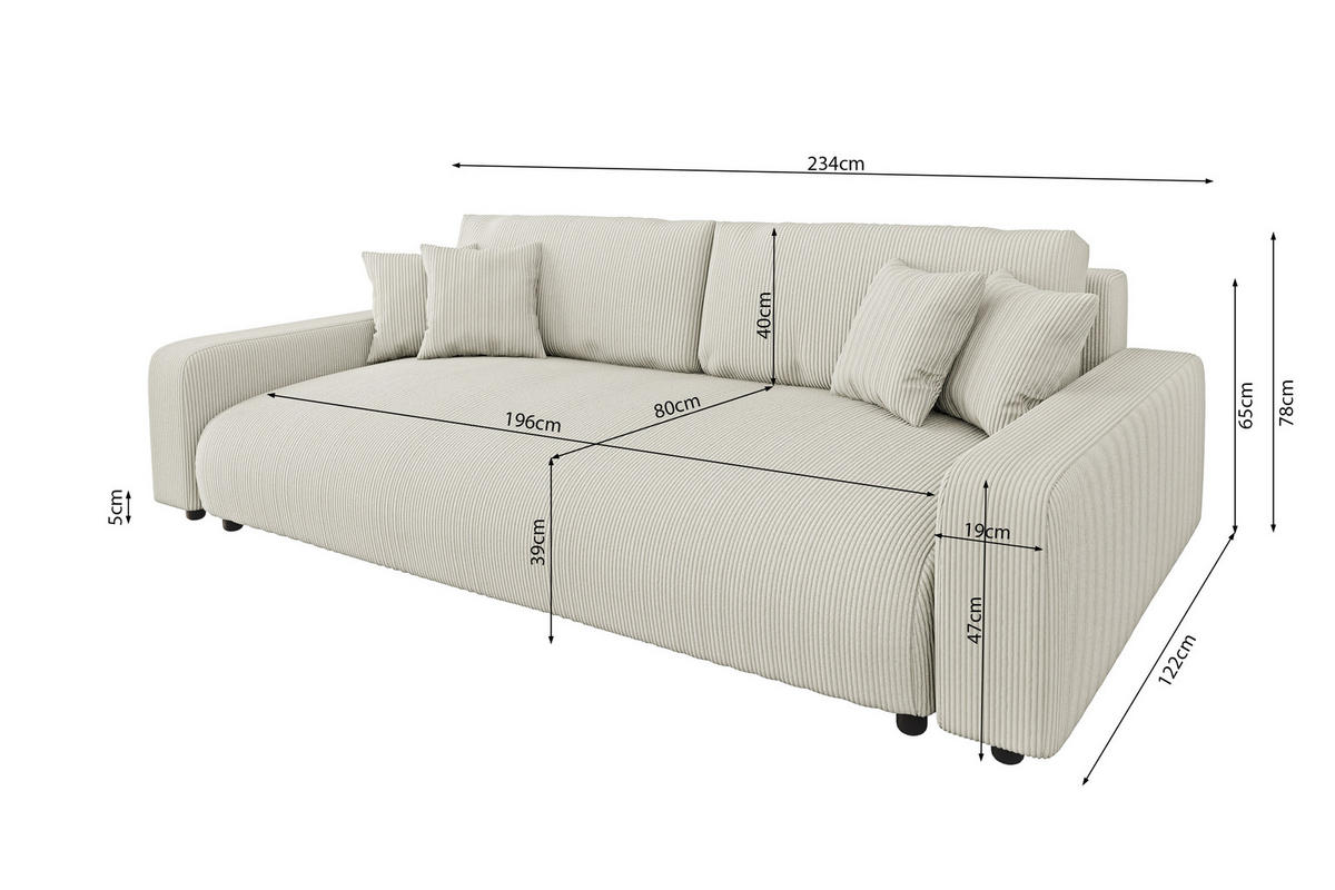 BIGSOFA Emma Beige Cord - Beige/Schwarz, Holz/Kunststoff (234/78/122cm) - S-Style Möbel
