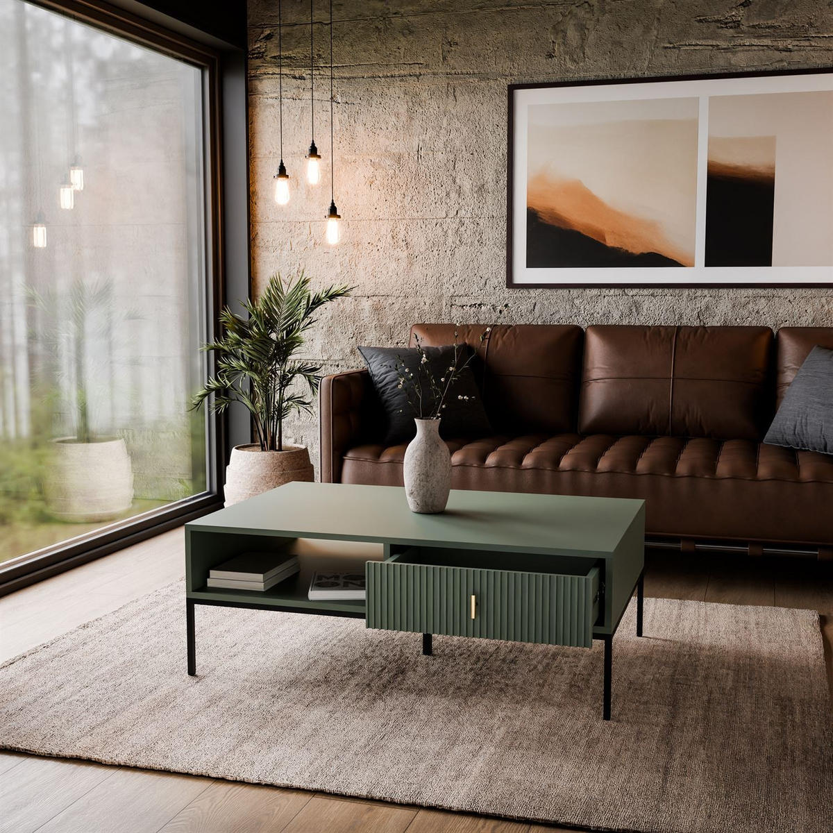 COUCHTISCH MIDNIGHT mit Schublade auf Gestell grün - Schwarz/Grün, Holzwerkstoff (68/104/39cm) - Lookway