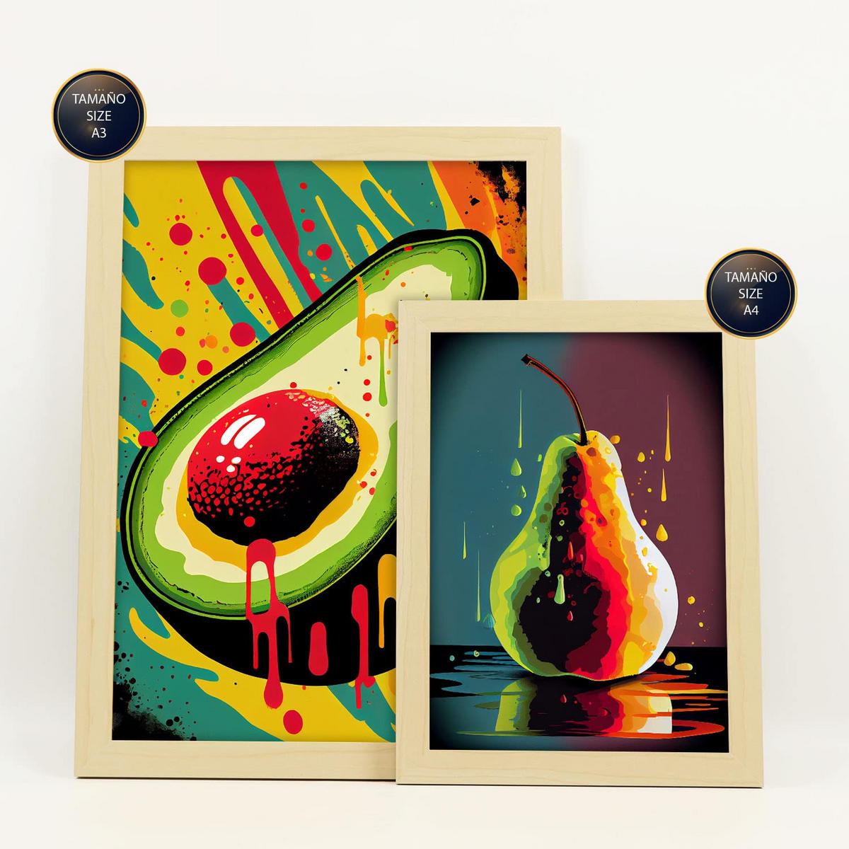POSTER Set Mit 6 Tropische Früchte Vollfarbige Plakate Von Obst, Gemüse Und Gesunden Lebensmitteln Im Urban Art Stil A3 & A4 Rahmen Aus Hellem Holz - Beige, Papier (29/3cm) - Nacnic