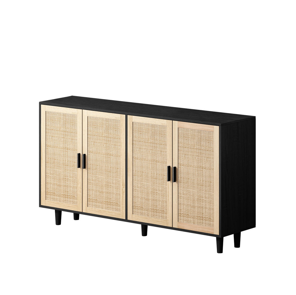 SIDEBOARD aus Spanplatte 158x40x88 cm Schwarz mit 4 Rattantüren und verstellbarem Einlegeboden - Schwarz, Holzwerkstoff (158/88/40cm) - Modfu