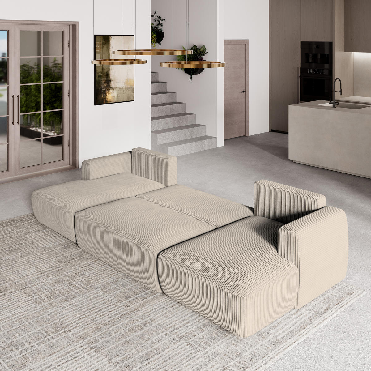 WOHNLANDSCHAFT SENTUM P Creme Kordstoff mit Schlaffunktion - Creme, Holz (330/90/148cm) - MASSENO