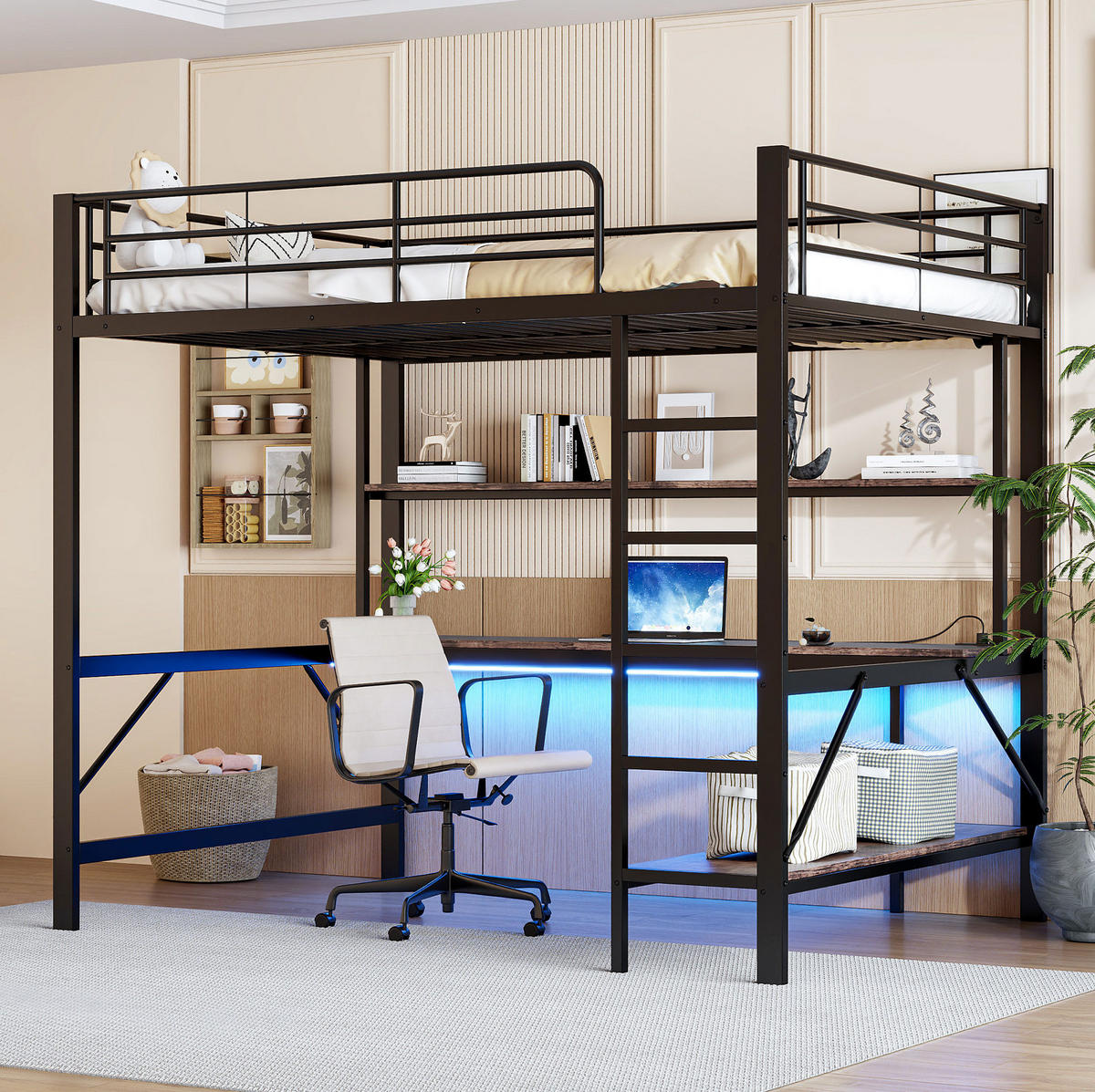 HOCHBETT 140/200 cm mit Schreibtisch, Regal, USB, Steckdose und LED-Beleuchtung, Metall, Schwarz - Schwarz, Metall (140/200cm) - Redom