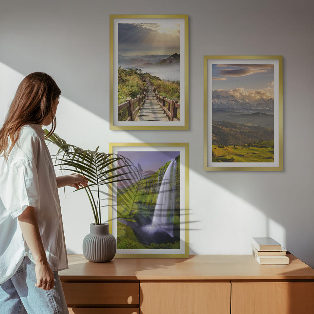 WANDBILDER 3er Set - 40x60 cm Goldrahmen - Berglandschaften Wasserfall - Goldfarben, Kunststoff (40/60cm) - ArtPrintCave