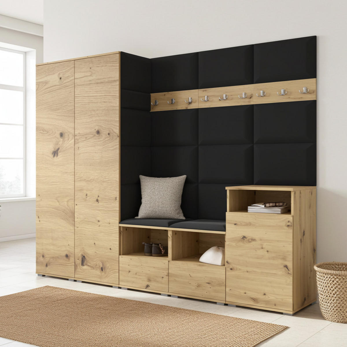 GARDEROBE NELA VIII 250 cm (Modulare Flurmöbel Artisan Eiche mit Sitzpolster Schwarz 16 2 Schränke + Sideboard) - Silberfarben/Schwarz, Holz/Holzwerkstoff (250/187/40cm) - Ravio