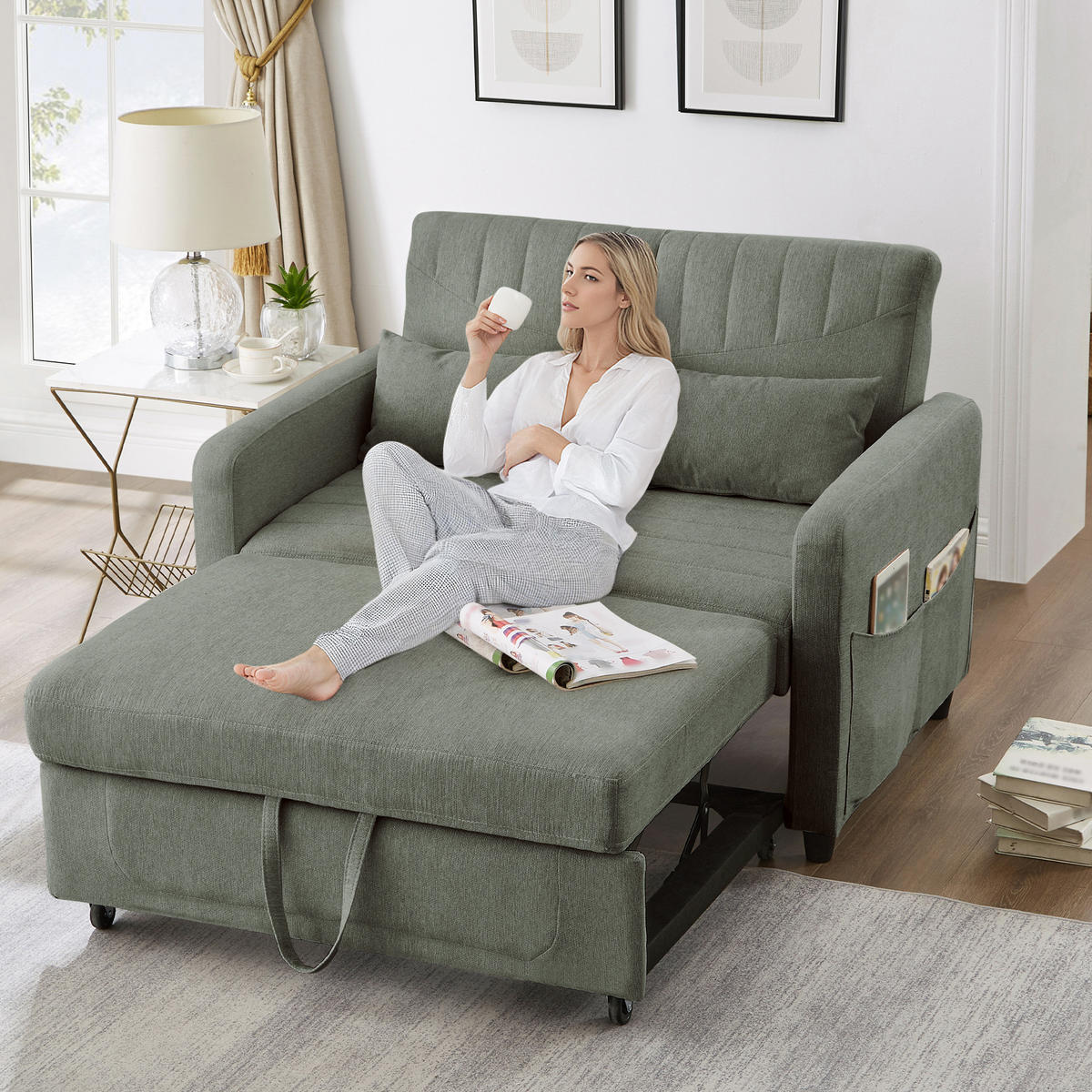 SCHLAFSOFA 2-Sitzer ausziehbar mit 3-stufiger Rückenlehne - Olivgrün, Kunststoff (114/82.5/77cm)