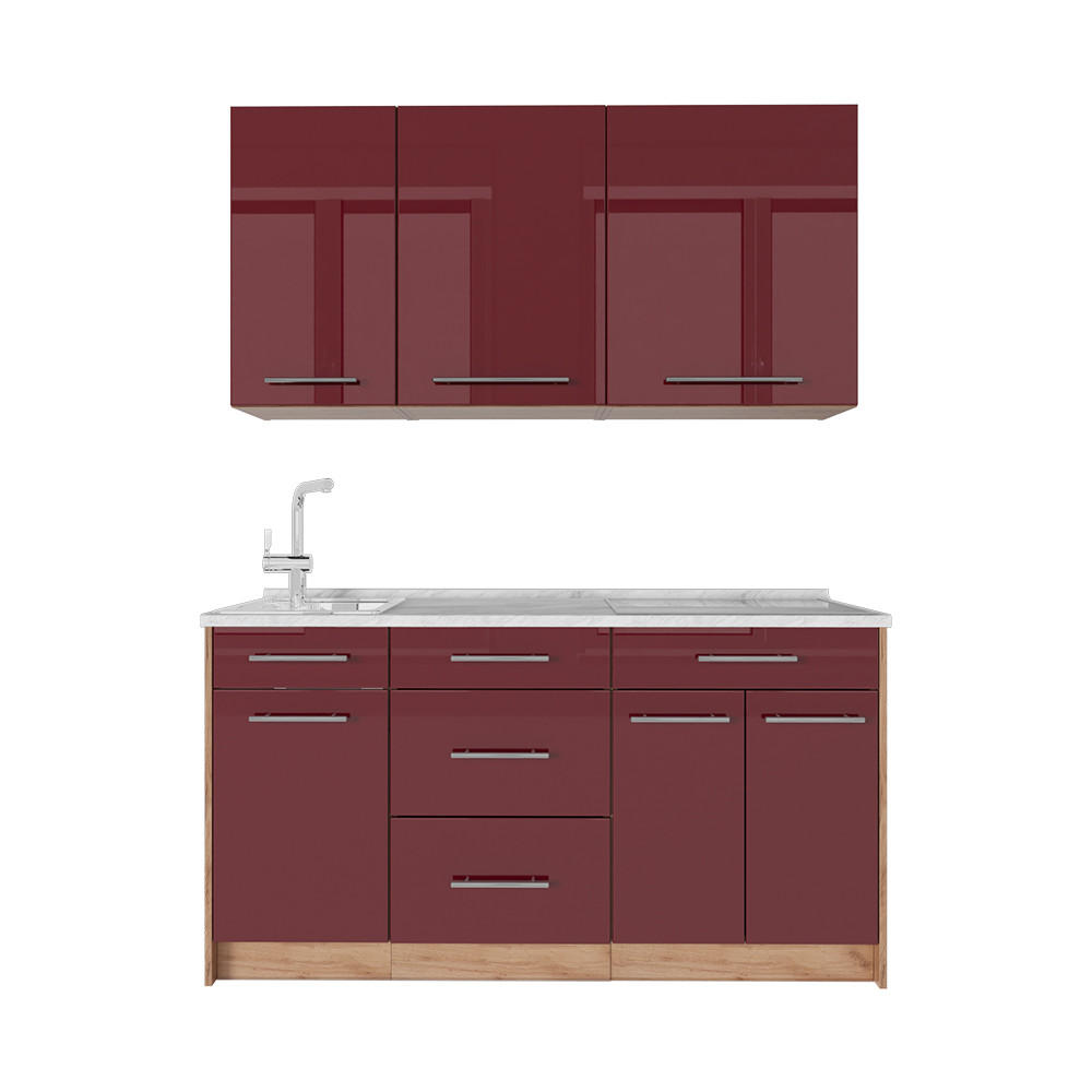 SAMOSTATNÁ KUCHYŇA Fame-Line, Bordeaux vysoký lesk/Dub Goldkraft, 150 cm, AP Marble - bordová/dub medový, kompozitné drevo (150/82/60cm) - Vicco