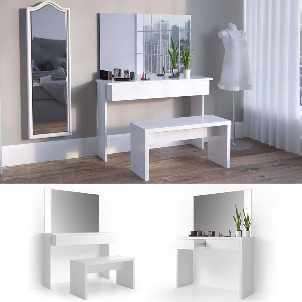 SCHMINKTISCH Azur Weiß 120 cm mit Bank - Weiß, Holzwerkstoff (120/83/40cm) - Vicco