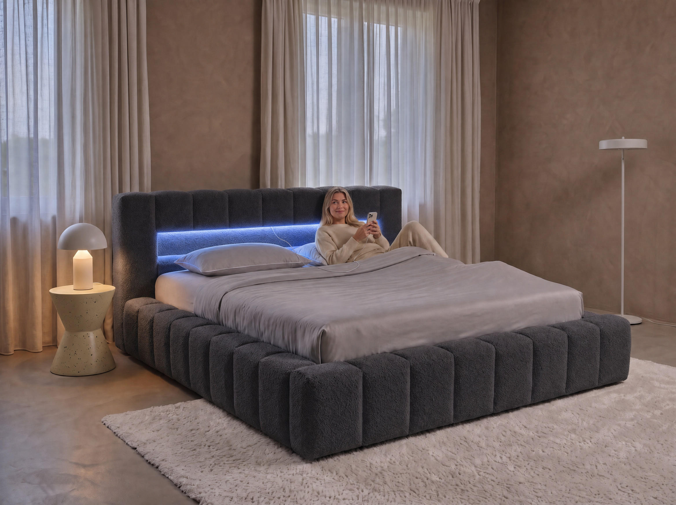 POLSTERBETT Mira-Lights Anthrazit 180/200 cm mit Bettkasten - Anthrazit, Textil/Metall (180/200cm) - wonello