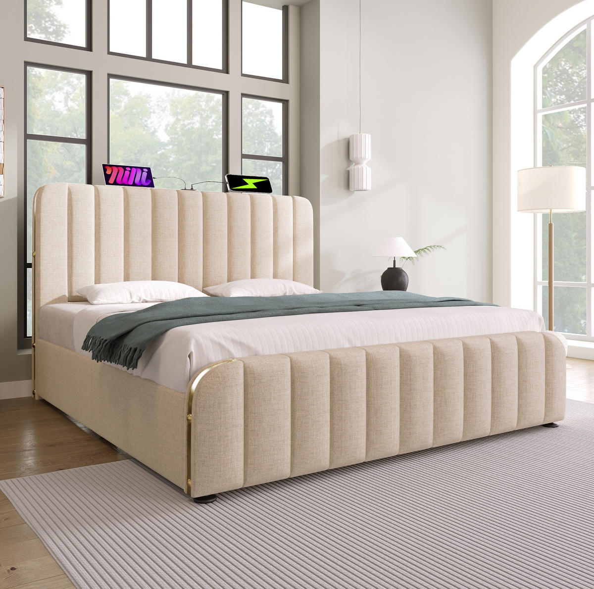 POLSTERBETT 140/200 cm mit Bettkasten, USB-C und gepolstertem Kopfteil in Beige - Beige, Textil (140/200cm) - BEAOK