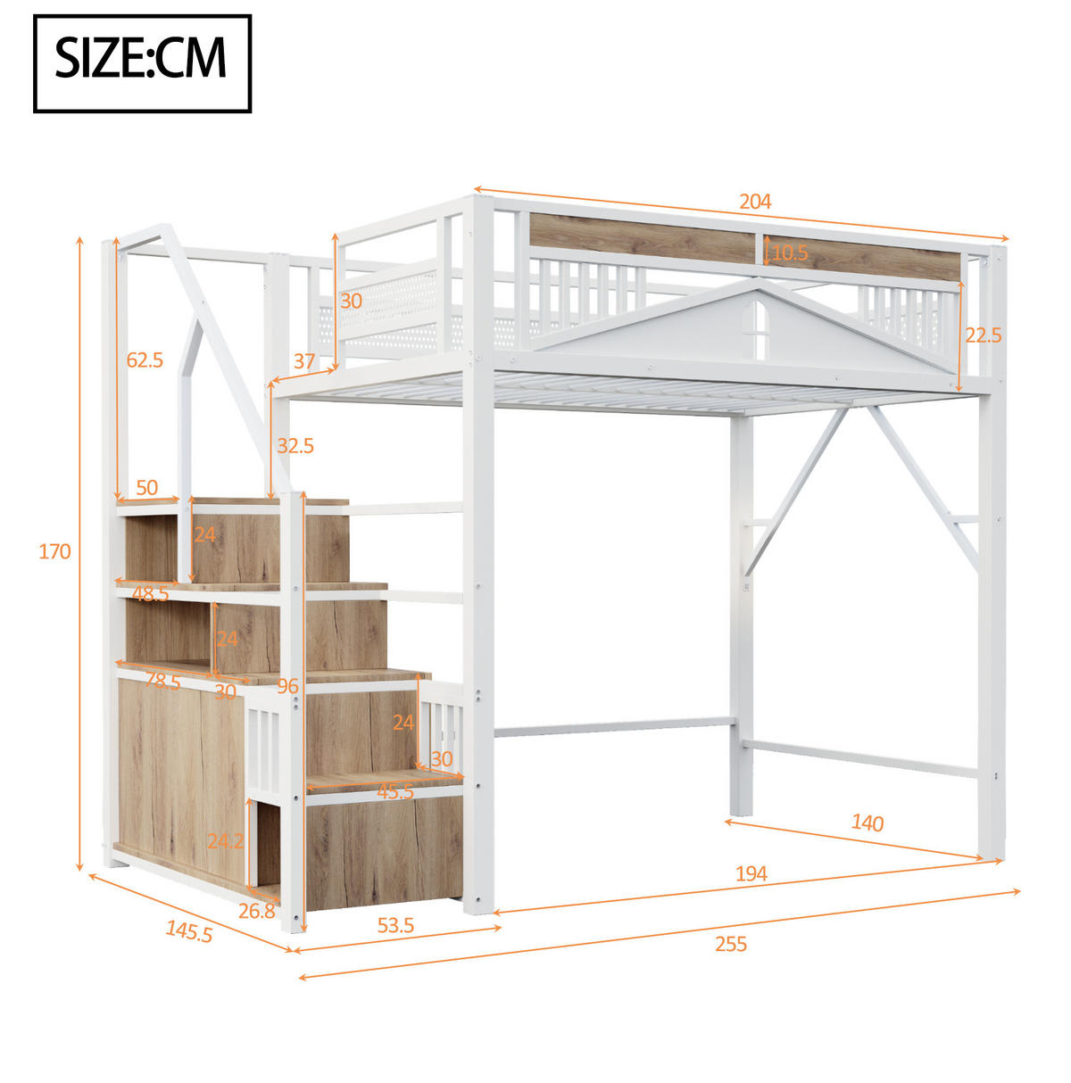 HOCHBETT 140/200 cm in Weiß mit Stauraumtreppe und Sicherheitsumrandung - Weiß, Metall (140/200cm) - BEAOK