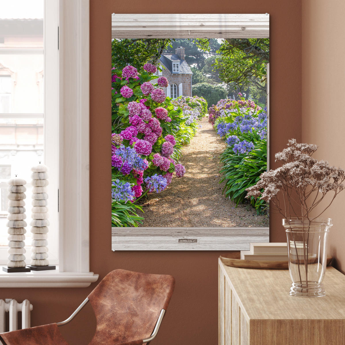 ACRYLGLASBILD Hortensie - Ansicht - Blumen - Sommer - Lila - Weg 60x90 cm - Lila, Glas (60/90cm) - MuchoWow