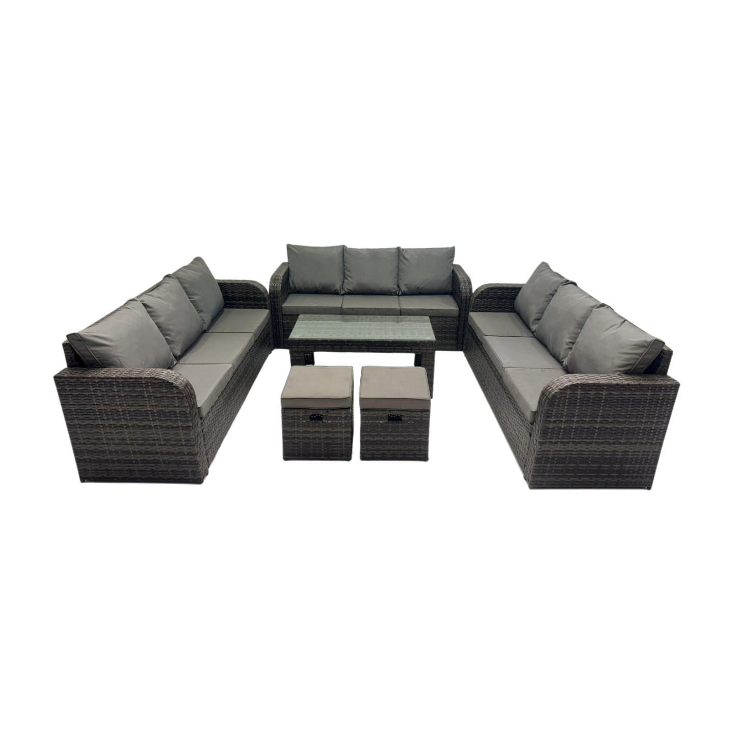GARTENSOFA SET mit rechteckigem COUCHTISCH Polyrattan 11-Sitzer Dunkelgrau - Dunkelgrau/Grau, Glas/Kunststoff - Fimous