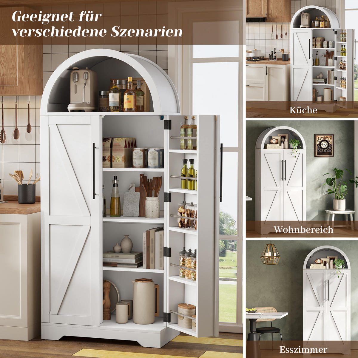 HIGHBOARD Bogenschrank Weiß 165x70x40cm mit Türablagen & offenem Fach Landhausstil - Weiß, Holzwerkstoff (70/165/40cm) - Urban Meuble