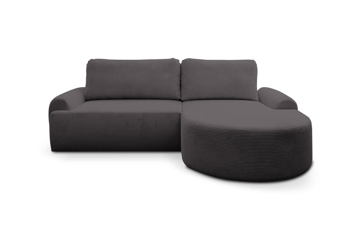 ECKSOFA Dream Cord in L-Form mit Schlaffunktion und Bettkasten, Farbe: Grau, Cordstoff, Ottomane Rechts - Grau, Textil (260/136cm) - VENASI MÖBEL
