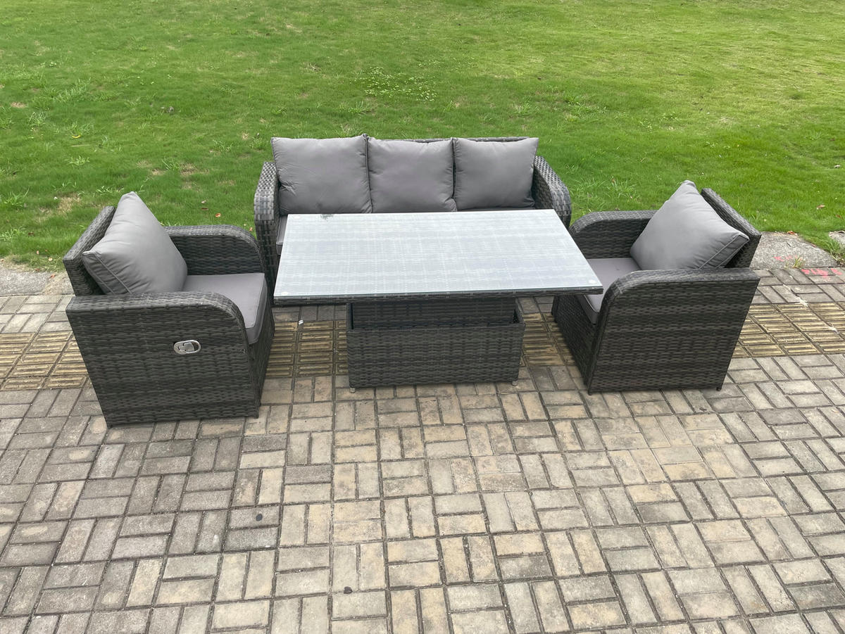 GARTENMÖBELSET mit Höhenverstellbarer Esstisch 5-Sitzer Grau - Dunkelgrau/Grau, Glas/Kunststoff - Fimous