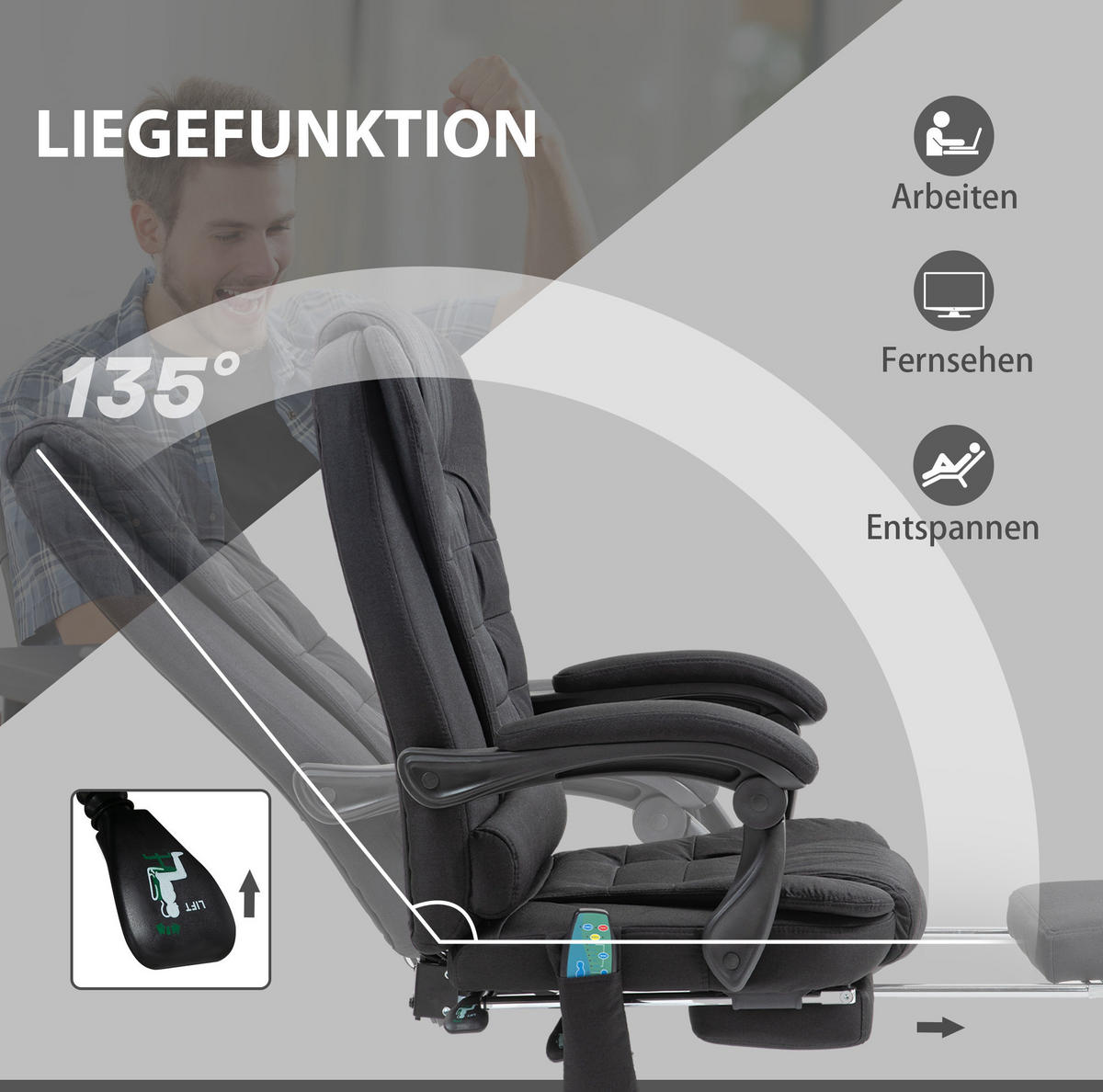DREHSTUHL 65/70/111-119 cm schwarz aus Stoff mit Massagefunktion - Schwarz, Textil (70/119/65cm) - OKWISH