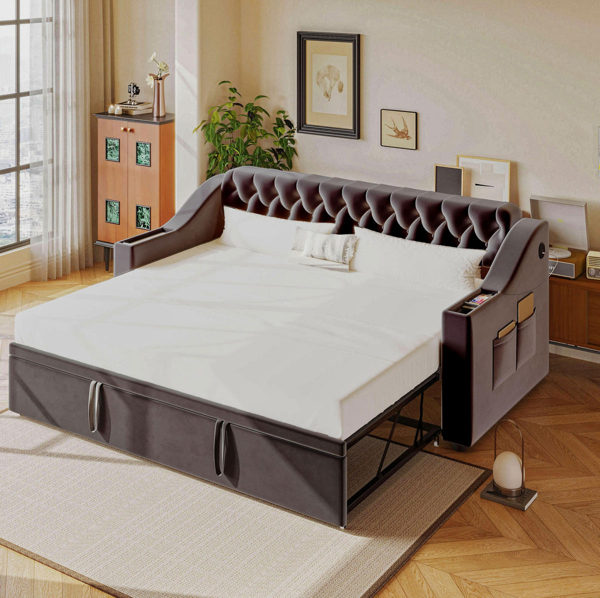 POLSTERBETT 90/180x190 cm aus Samt in Dunkelgrau mit USB- und Type-C-Anschlüssen - Dunkelgrau, Textil (90/190cm) - Flora Grace