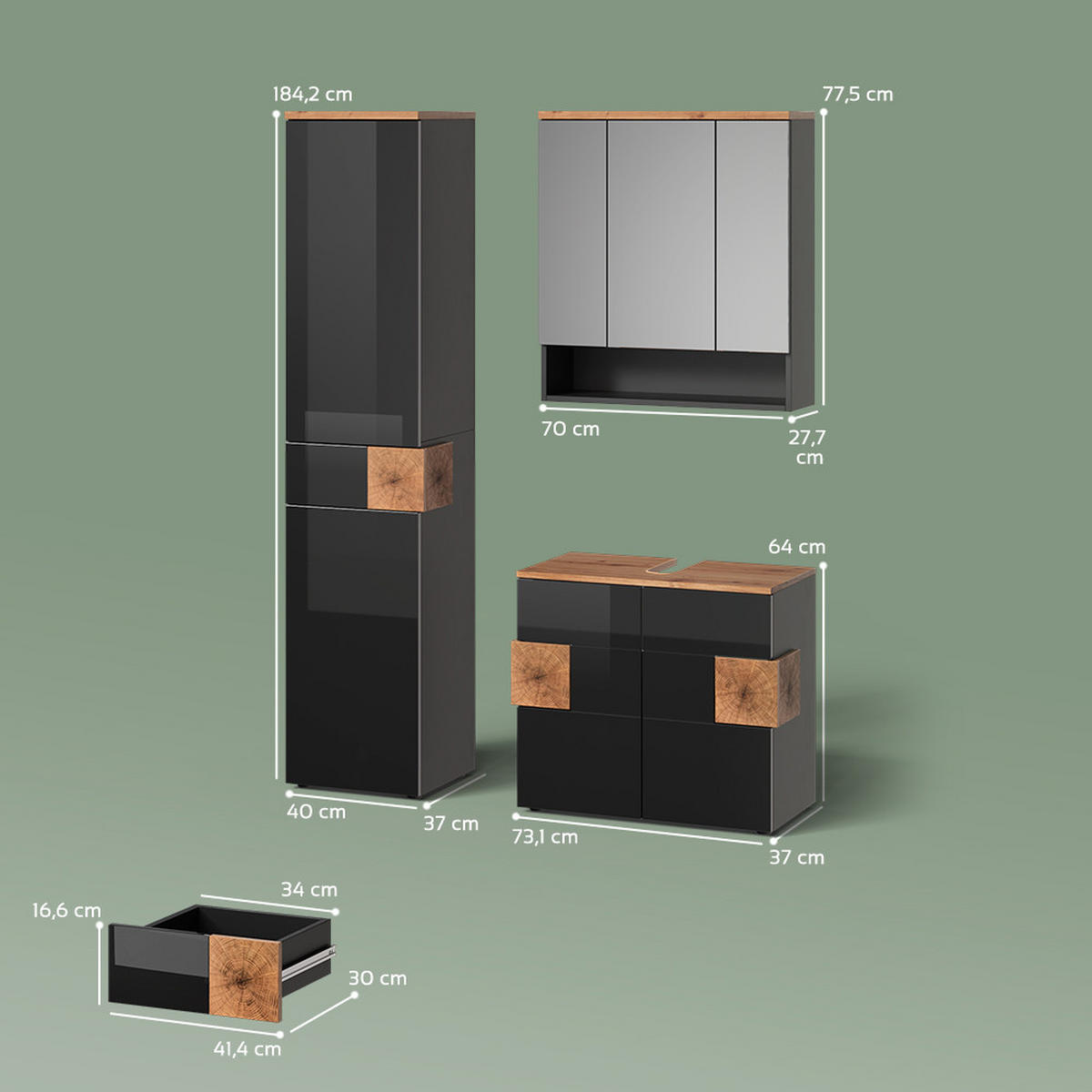 BADMÖBEL-SET Tanaro Anthrazit 3 Teile, mit Hochschrank - Anthrazit/Eiche Artisan, Holzwerkstoff (73/64/37cm) - Livinity®