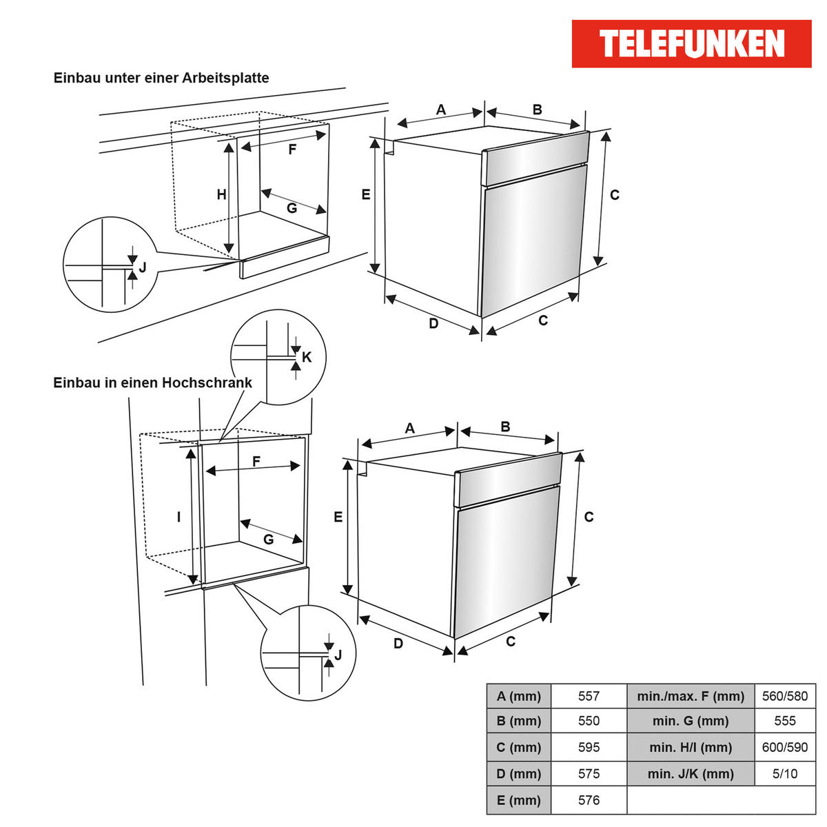 EINBAUBACKOFEN autark, 78 Liter, 60 cm Backofen, Hot Air Shield, Umluft/Ober-Unterhitze, 5 Funktionen - Schwarz, Metall (59.5/59.5/55cm) - Telefunken