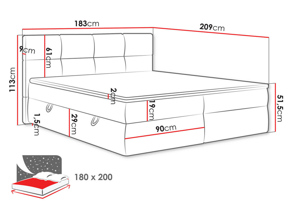 BOXBETT Figaro - Hellgrau/Schwarz, Holz/Textil (180/200cm) - MIRJAN24
