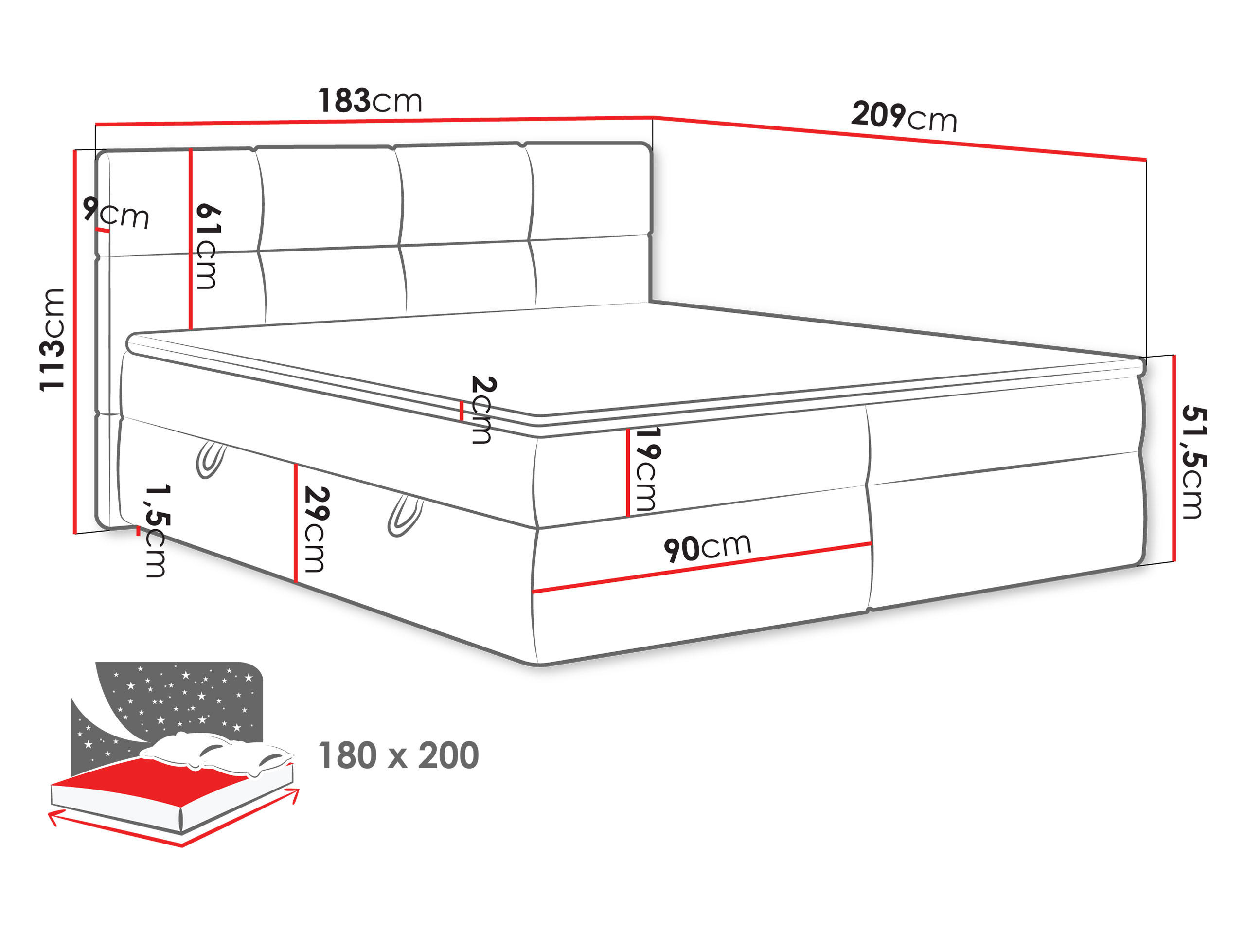 Thumbnail - Mirjan24 Boxbett, Creme, Textil, Fichte, H3, Höhe ca. 19 cm, Rechteckig, 180x200 cm, Schlafzimmer, Betten, Boxspringbett...
