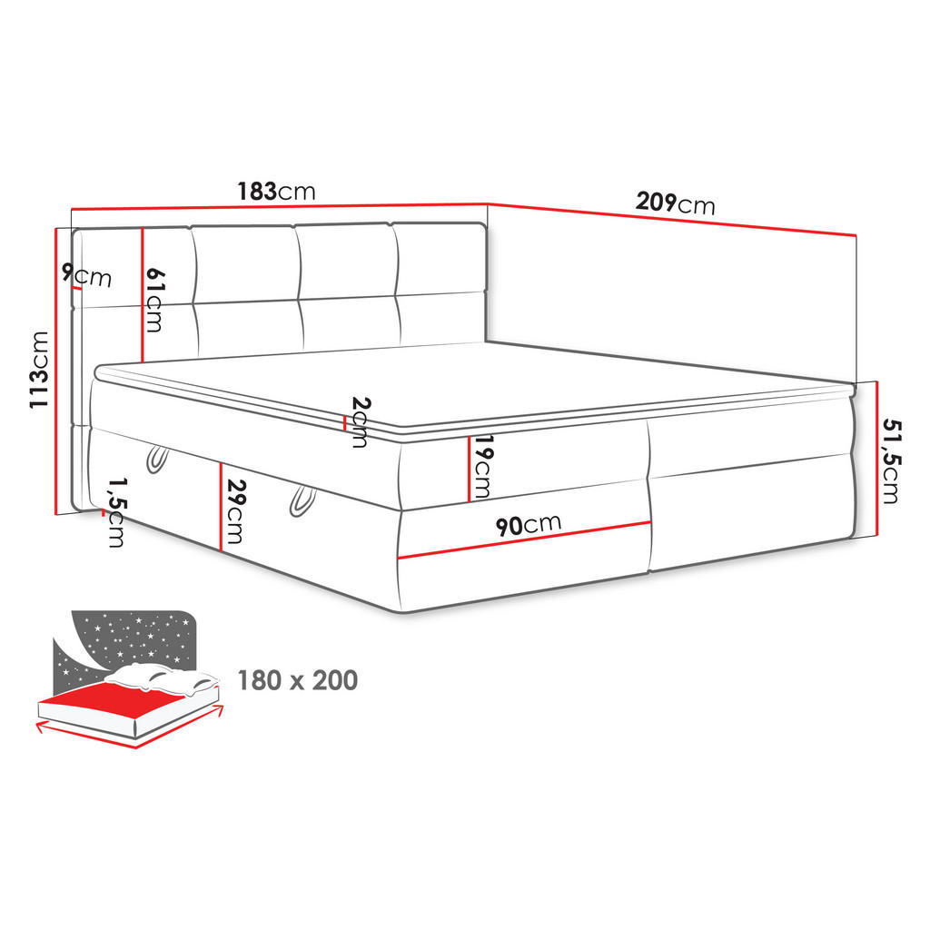 Thumbnail - Mirjan24 Boxbett, Hellgrau, Textil, Fichte, H3, Höhe ca. 19 cm, Rechteckig, 180x200 cm, Schlafzimmer, Betten, Boxspringb...