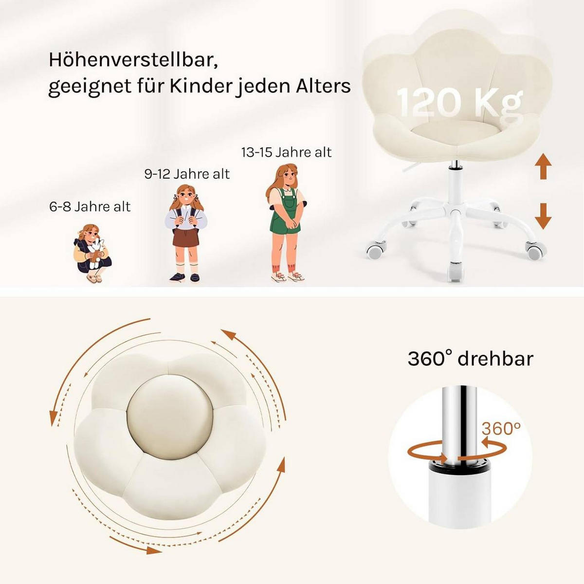 DREHSTUHL Kinder, blumenförmig, Samt, Beige - Beige/Weiß, Kunststoff/Textil (62/71/51cm) - Woltu
