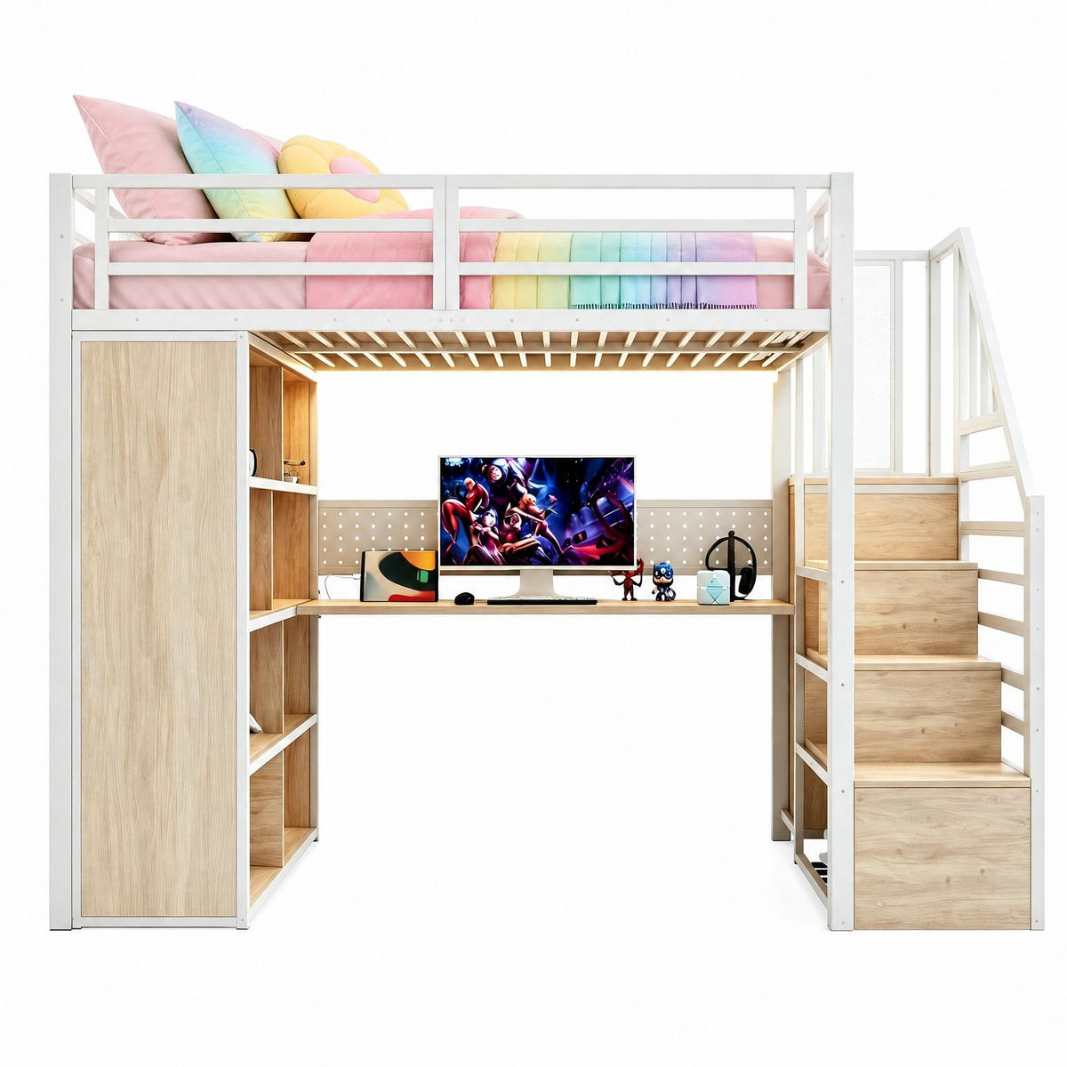 HOCHBETT 90/200 mit LED Schreibtisch und Steckdose in Weiß - Weiß, Holz/Holzwerkstoff (90/200cm) - EVRYAE